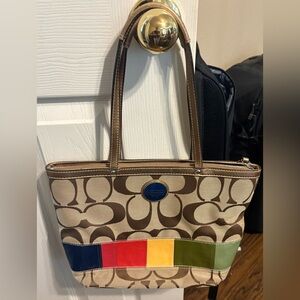 Coach Beige & Brown Logo Tote with Multicolor Stripe Panel